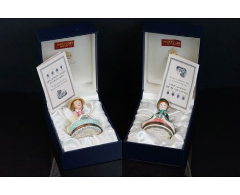 Two Halcyon Days Bonbonnieres enamel doll boxes, both complete with certificates and display boxes. 