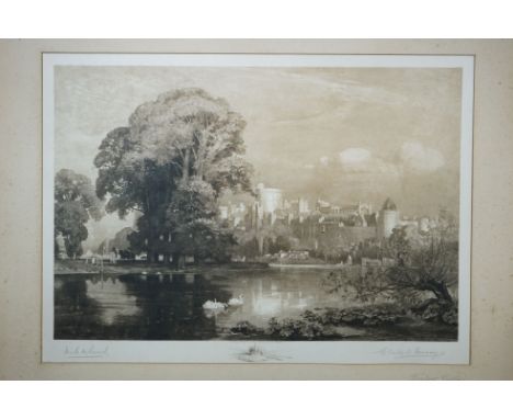 Niels M Lund (1863-1916) a fine signed etching / engraving of Windsor Castle, with accompanying backboard with Frost &amp; Re
