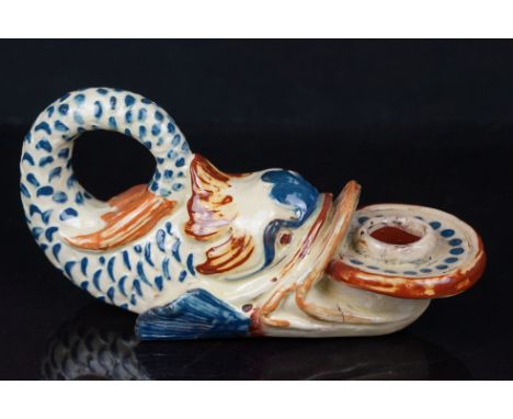 A Branham Arts &amp; Crafts pottery candle holder / chamber stick in the form of a fish. 