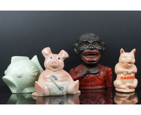 Four Moneyboxes including a Metal Novelty Moneybox, ' Harris ' Ceramic Pig Moneybox, Natwest Pig Moneybox and a Fish Moneybox