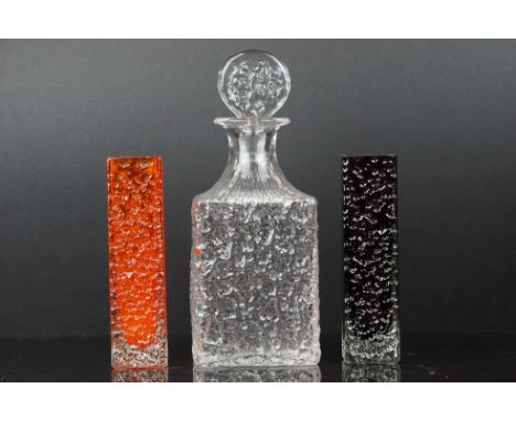 Whitefriars - Two Textured Glass Vases in Tangerine and Amethyst, 17cms high together with a Clear Textured Glass Decanter &a