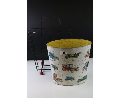 Retro Mid century Atomic Black Letter Rack with Red Ball finials together with a Mid century Worcester Ware Paper Bin decorat