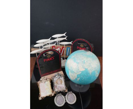 Mixed Lot including Two Pimms Menu Chalkboards, Light-up Globe, Fish Ornament, etc 