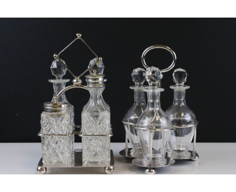 In the manner of Christopher Dresser Four Glass Bottle Condiment Set on a Silver Plated Stand, 24cms high together with Willi