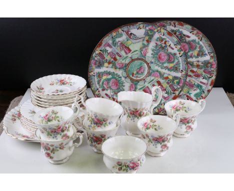 Royal Albert ' Moss Rose ' Part Tea Set comprising Six Cups, Saucers and Tea Plates plus Milk Jug, Sugar and Sandwich Plate  