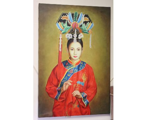 Oil Painting on Canvas, three quarter length portrait of a Chinese Girl in traditional costume, 92cms x 61cms 