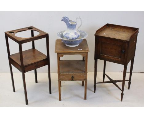 George III Mahogany Square Washstand, 35cms wide x 80cms high together with 19th century Oak Pot Cupboard and an Early 20th c