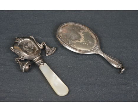 Miniature silver hallmarked hand mirror and baby's rattle 