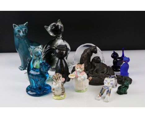 Collection of Fourteen Ceramic, Glass and other Cats including Beswick Beatrix Potter Miss Moppet, Royal Albert Beatrix Potte