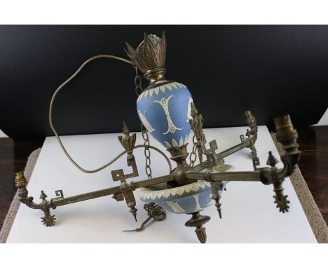 Blue Jasperware and Gilt Metal Three Branch Central Light Fitting, possibly Wedgwood, approx. 58cms diameter 