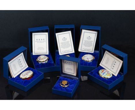 A collection of six Halcyon Days Bilston enamel boxes in original display boxes. 
