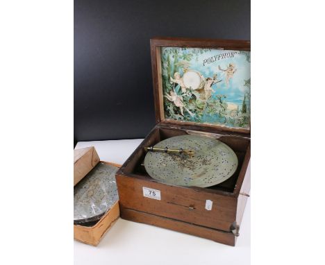 19th century Walnut Cased Table Top Polyphon with a floral decorated lid, with nineteen discs, case measures 26cms wide x 16c