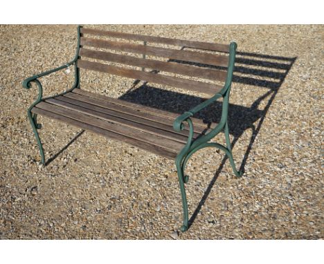 Rustic Garden Bench with wooden slatted back &amp; seat and painted cast metal ends, 126cms long 