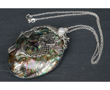 Large silver and abalone necklace, with mermaid decoration 