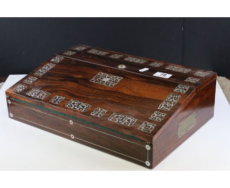 19th century Rosewood and Mother of Pearl Inlaid Writing Box, the sloping front opening to a fitted interior, with brass rece