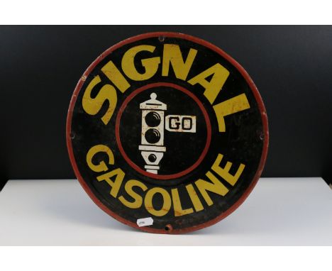 Circular Enamel Advertising Sign ' Signal Gasoline, Go ', 31cms diameter 
