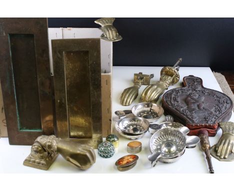 Mixed Lot including Three Brass Door Knockers in the form of Hands, Two Brass Hand Paperclips, Seven White Metal Cigarette Ho
