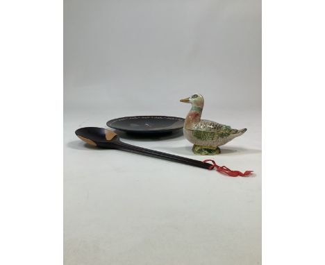 A collection of three items to include a decorative wooden spoon ( length 41.5cm) a cloisonne plate (30.5cm) and a hand decor