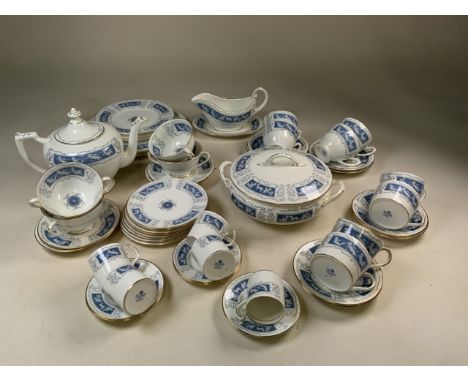 A part dinner service and tea set in Revelry design by Coalport including dinner plates, side plates, soup bowls, gravy boat 