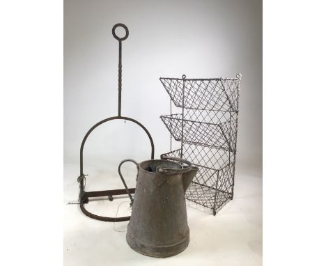 A collection of vintage metal ware items to include a boot scraper, a water pitcher and storage shelves Shelves W:37cm x D:24