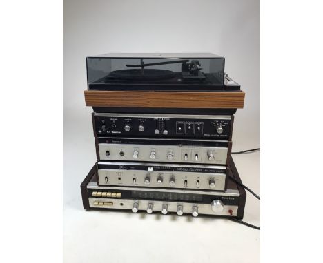 A collection of five Teleton and Albany House amplifiers and a radio. Also a Marconi record player