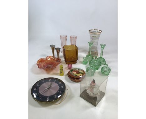 A collection of mid century glass and earlier. To include dressing table set, wooden trinket box and a clock.