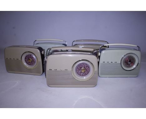 FIVE VINTAGE BUSH RADIOS, VTR103 &amp; TR82 models in cream Bakelite and simulated leather. (5)