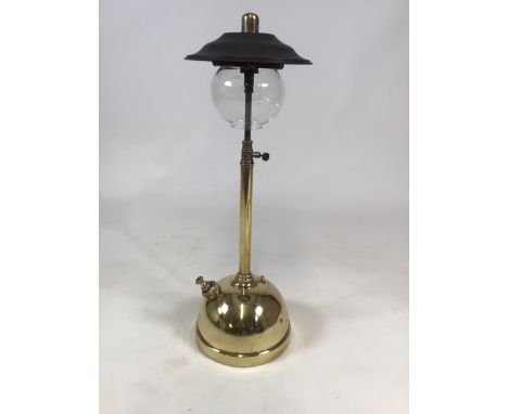 A Tilley table lamp with glass shade. Both lamp and shade are marked TilleyW:18cm x D:18cm x H:54cm