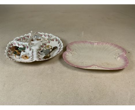 A Foley ceramic ring dish with a Belleek dish together with miniature animal figurines