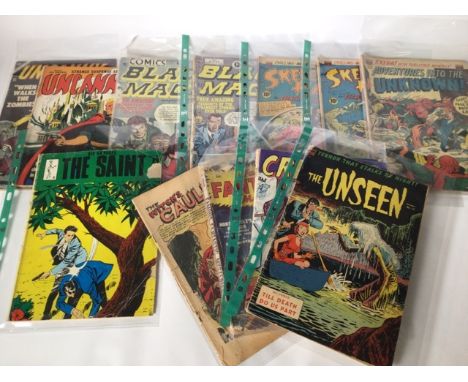 A collection of American horror comics to include Uncanny Tales issues 21 and 51, Black Magic issues 5 and 10, The Saint issu