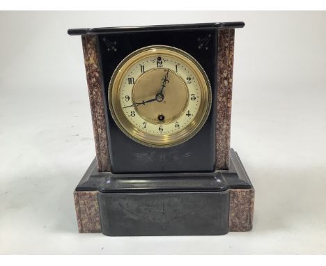 A 19th century black slate and marble mantel clock, H:26cm
