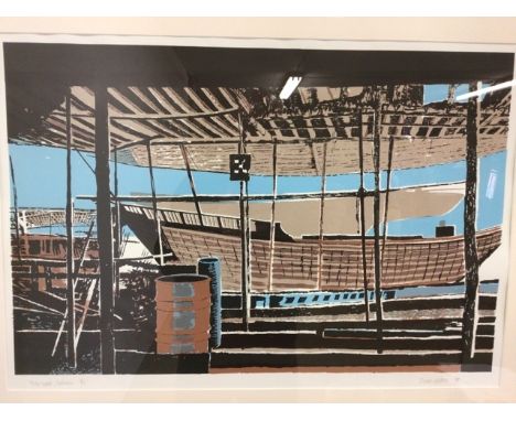 David Bethel 1926-2006 linocut Boat yard Bahrain 8 of 15 limited prints. Together with two hand signed lino cuts, Morris danc