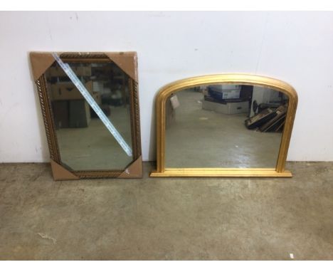 Two contemporary mirrors with gold frames. Over mantel mirror W:102cm x D:5.5cm x H:74cm. Rectangular mirrorW:60cm x D:3cm x 
