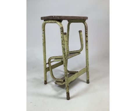 Mid century metal folding kitchen step stool with wooden steps and topW:30cm x D:31cm x H:59cm