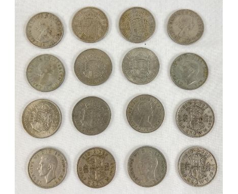 16 vintage half crown coins, sovereign heads of George V and Elizabeth II. 