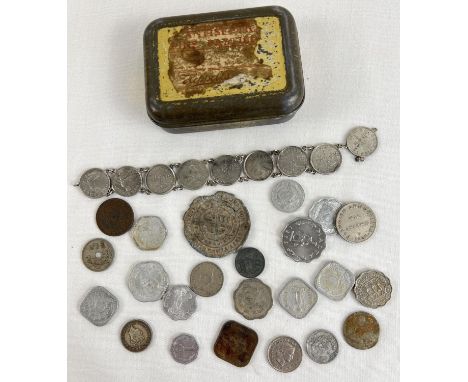 A small collection of vintage British &amp; foreign coins and medallions together with a bracelet made from vintage Belgian c