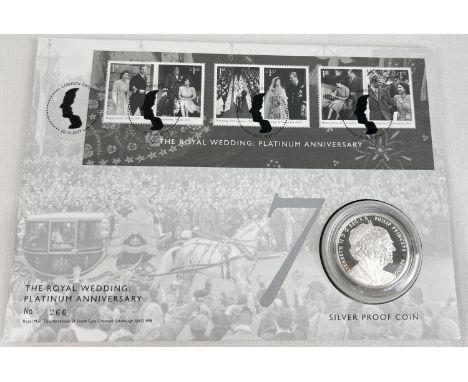 A 2017 Royal Mint Platinum Wedding Anniversary silver proof Â£5 coin and stamp first day cover presentation pack. Issued by H