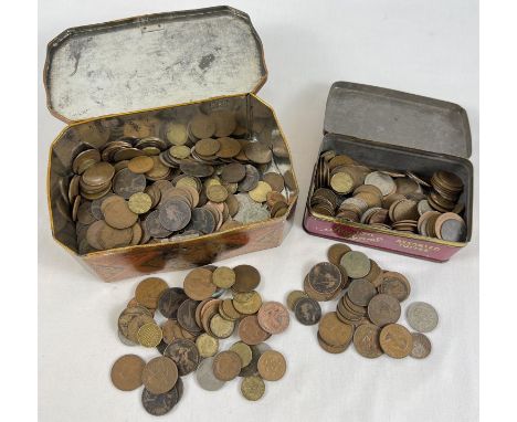 2 tins of antique and vintage British and foreign coins. To include sovereign heads of Victoria, George V, VI and Elizabeth I