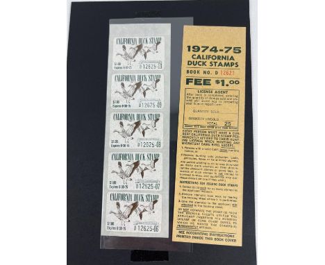 5 vintage 1974-75 California Duck Stamps, book No. 12621. Issued to game hunters. Complete with accounting instructions. 