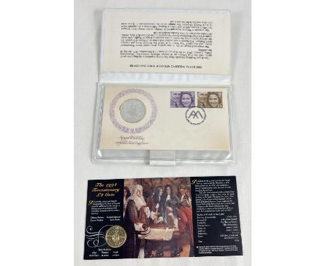 A 1973 Princess Anne &amp; Mark Phillips commemorative sterling silver proof coin with 2 stamp first day cover in presentatio