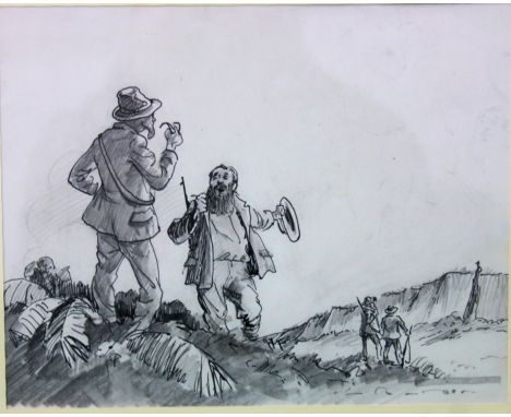 COOTE, MICHAEL; An unsigned pen and ink sketch from The Lost World.  Framed in a wooden frame and glazed.
Pen and ink drawing