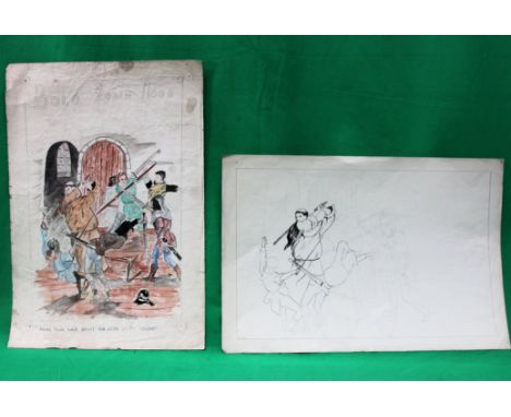 COOTE, MICHAEL; a signed watercolour on paper scene from Bold Robin Hood and a pen and ink sketch on paper of the same scene
