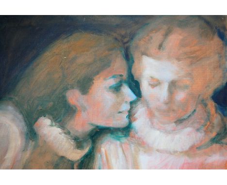 COOTE, MICHAEL; An unframed oil on canvas two figure portrait study.
61cm x 61cm

Michael Coote studied as a photo lithograph