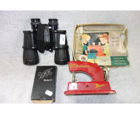 A PAIR OF "MIRANDA" BINOCULARS, a Vintage toy Vulcan sewing machine and a Kodak Model B camera (3)