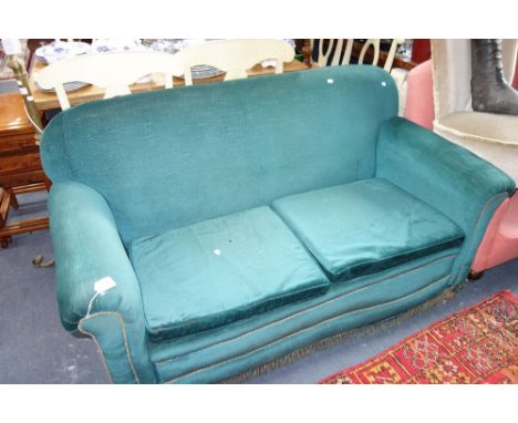 AN EDWARDIAN TWO-SEATER SOFA in green velvet, a small sofa in terracotta material and two velvet bedroom chairs