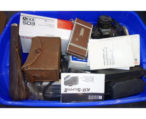 A PENTAX CAMERA, a Vintage box camera and a collection of mixed cameras and photographic equipment