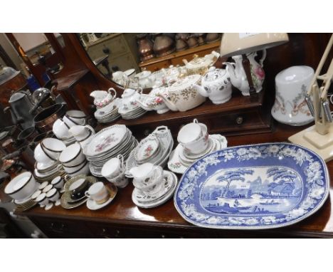 A BLUE AND WHITE MEAT PLATE, a "T Goode & Co Ltd" Spode blue and gilt rimmed part teaset and similar ceramics