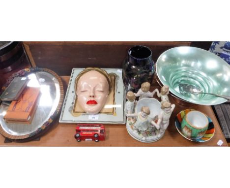 A VINTAGE ART DECO "GUIDO LEONARDI" PLASTER WALL MASK, in the form of a woman's head, an Art deco frame, ceramics and sundrie