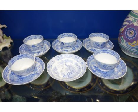 A COLLECTION OF 19TH CENTURY WILLOW PATTERN TEA BOWLS with saucers