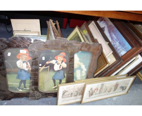 A COLLECTION OF PRINTS including comic prints by Boris O'Klein and two wall mirrors